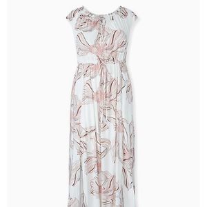 WHITE FLORAL CHALLIS DRAWSTRING MAXI DRESS